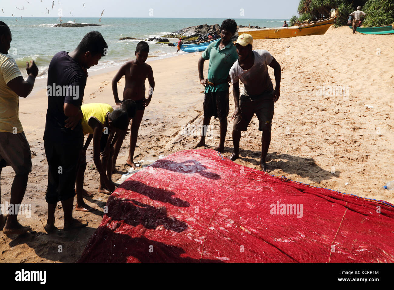 Fischer mit Fisch im Netz am Strand Westküste westliche Provinz Sri Lanka Stockfoto