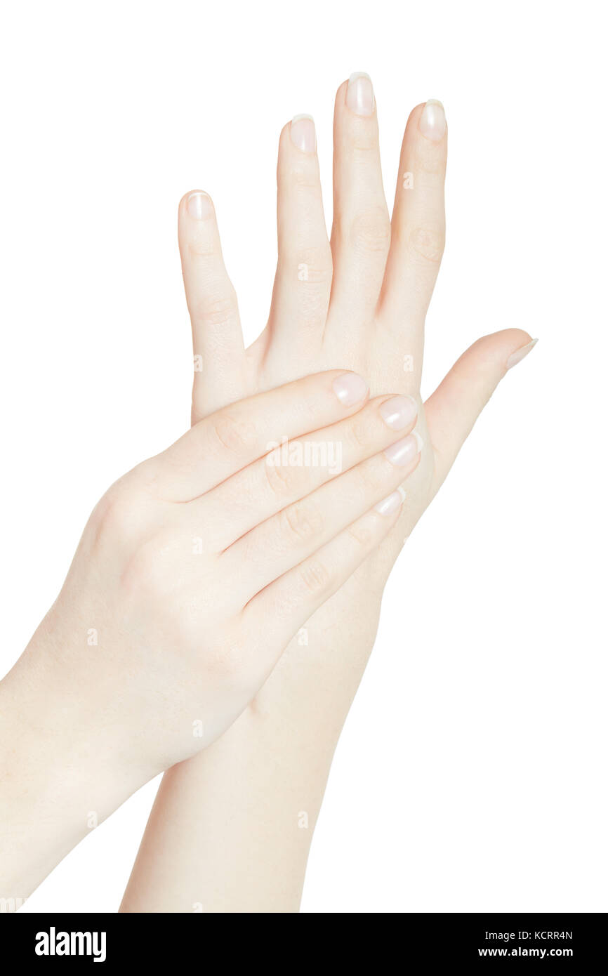 Frau Hand berühren andererseits schmerzhaft wieder auf Weiß, Beschneidungspfade isoliert Stockfoto