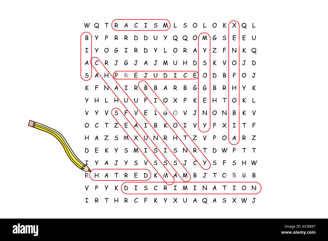 Word Search Puzzle mit Hass und die damit verbundenen Wörter rot eingekreist Bleistift. Stockfoto