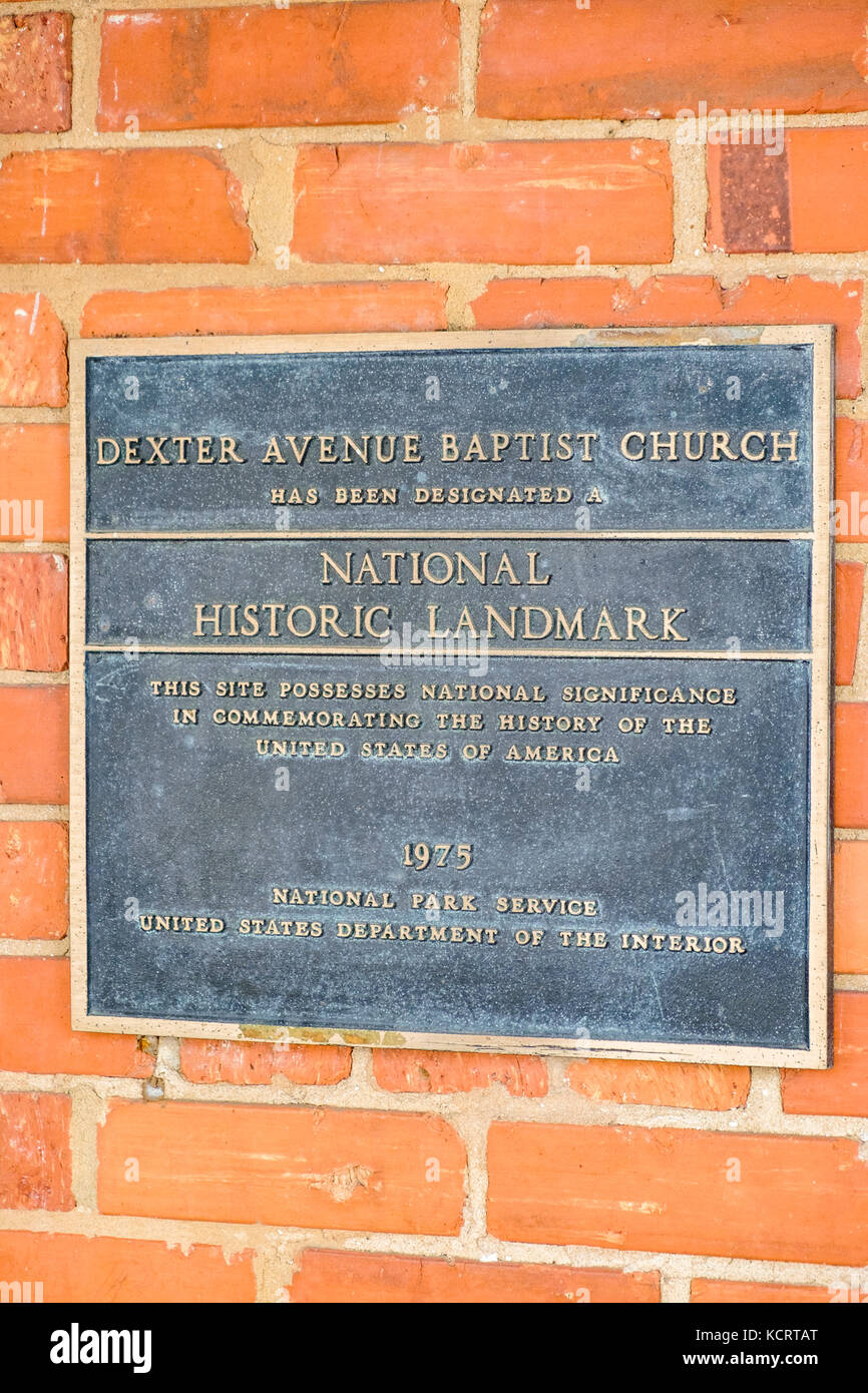 Markierung, die angibt, Benennung der National Historic Landmark in der Dexter Avenue Baptist Church in Montgomery, Alabama, USA. Stockfoto