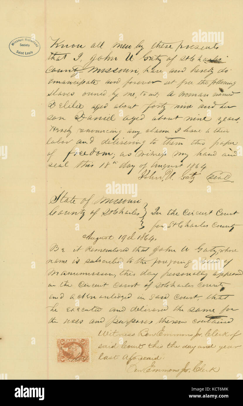 Emanzipation Zertifikat für Delilie, vierzig Jahre alt, und ihr Sohn, Daniel, neun Jahre alt, Zustand von Missouri, Landkreis St. Charles, 18. August 1864 Stockfoto