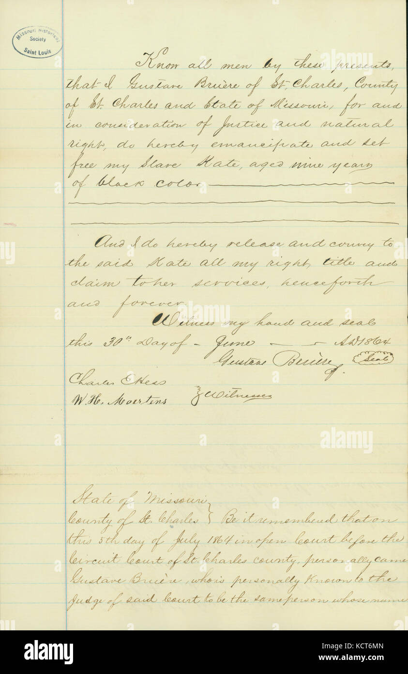 Emanzipation Zertifikat für Kate, neun Jahre alt, Zustand von Missouri, Landkreis St. Charles, 30. Juni 1864 Stockfoto