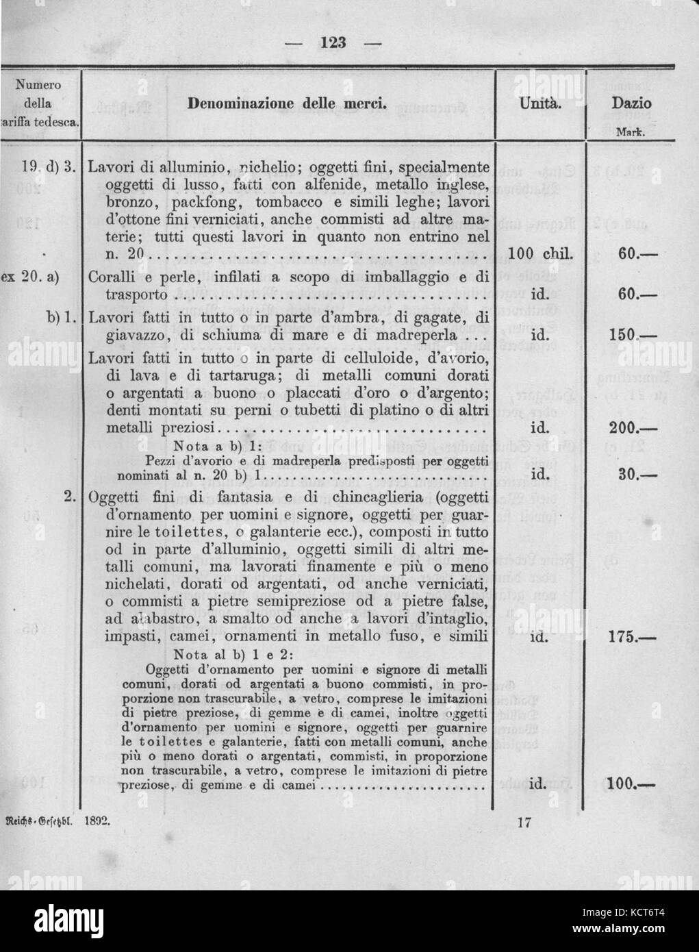 Deutsches Reichsgesetzblatt 1892 002 0123 Stockfoto