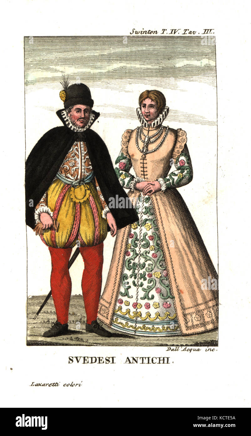 Kostüm der Schweden im 16. Jahrhundert. Abbildung von Andrew's Swinton reist in Norwegen, Dänemark und Russland, 1792. Kupferstich von Dell'Acqua Papierkörbe durch Lazaretti von Giovanni Battista sonzogno's Sammlung der interessantesten Reisen (Raccolta de Viaggi Piu Interessanti), Mailand, 1815-1817. Stockfoto