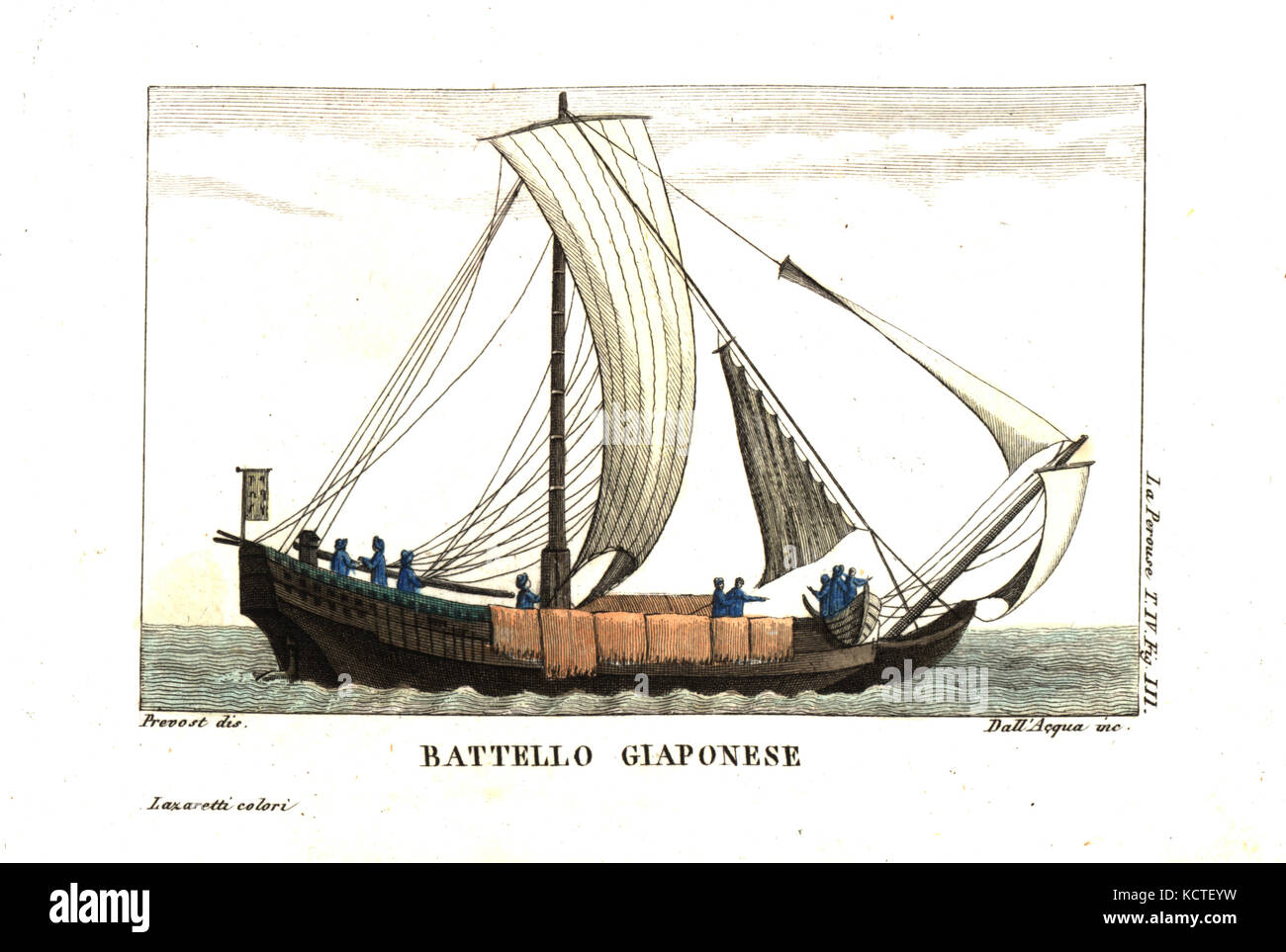 Japanische Segelboot. Abbildung von Jean Louis Prevost von Jean Francois des Laperouse Reise. Kupferstich von Dell'Acqua handkoloriert Lazaretti von Giovanni Battista sonzogno's Sammlung der interessantesten Reisen (Raccolta de Viaggi Più Interessanti), Mailand, 1815-1817. Stockfoto