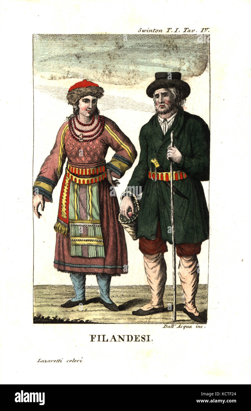 Finnen oder Finnischen Menschen in Tracht, Finnland. Abbildung von Andrew's Swinton reist in Norwegen, Dänemark und Russland, 1792. Kupferstich von Dell'Acqua Papierkörbe durch Lazaretti von Giovanni Battista sonzogno's Sammlung der interessantesten Reisen (Raccolta de Viaggi Piu Interessanti), Mailand, 1815-1817. Stockfoto