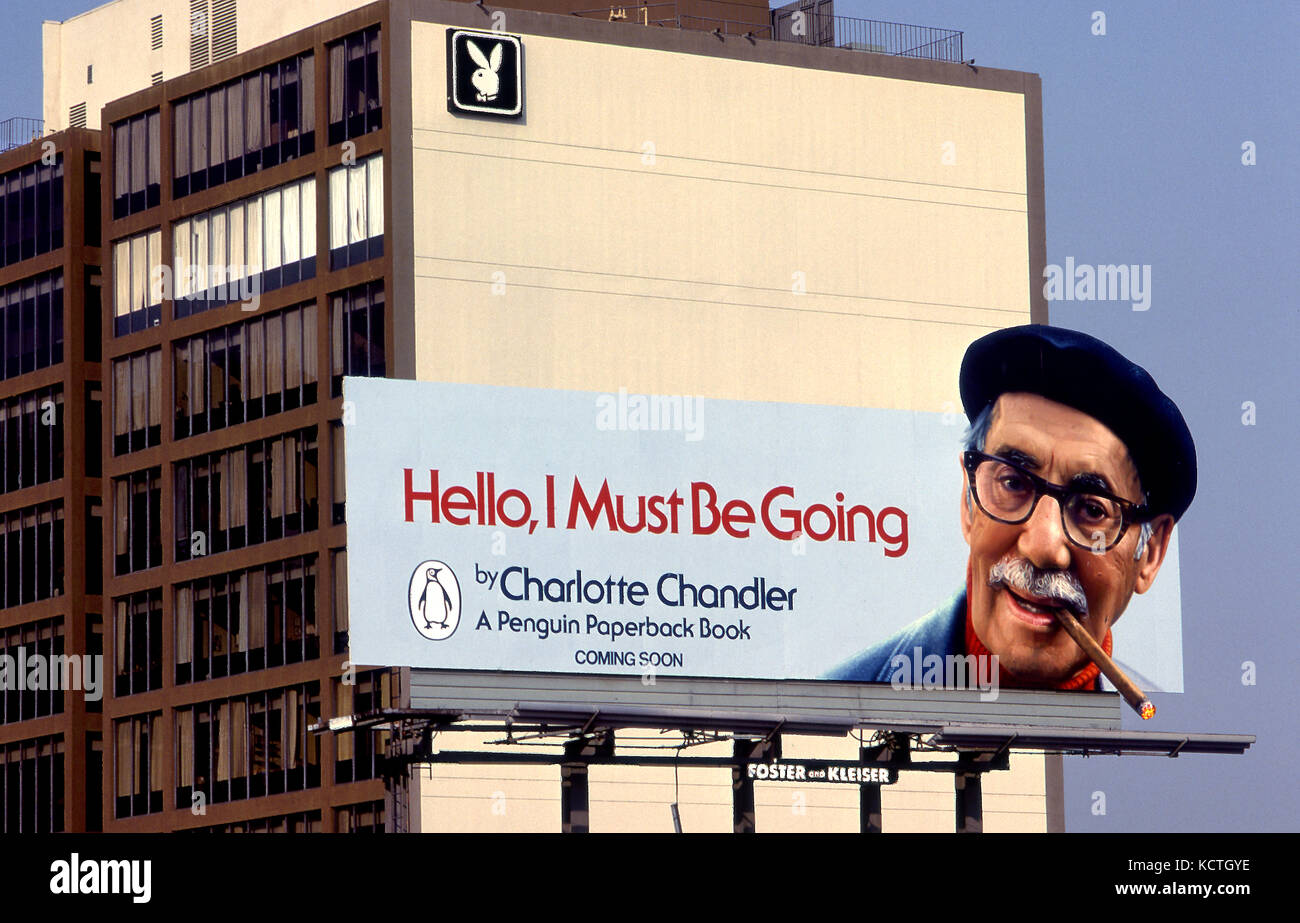 Groucho Marx auf der Anzeigentafel auf dem Sunset Strip ordentlich der Playboy Gebäude in Los Angeles, CA Stockfoto