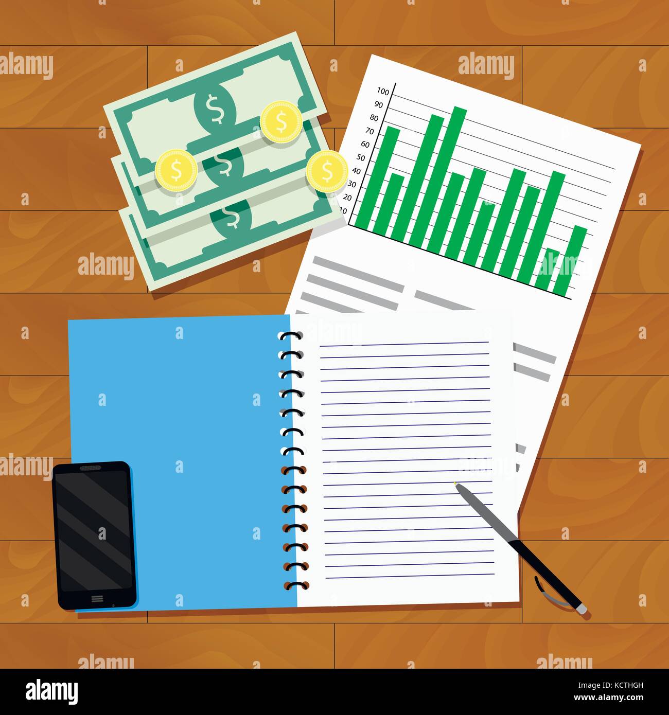 Statistiken der Löhne und der jährlichen Haushalt. Vektor Gehalt Infografik und Analyse Bericht Finanzen, Abbildung der Gewinn der Ansicht von oben Stock Vektor
