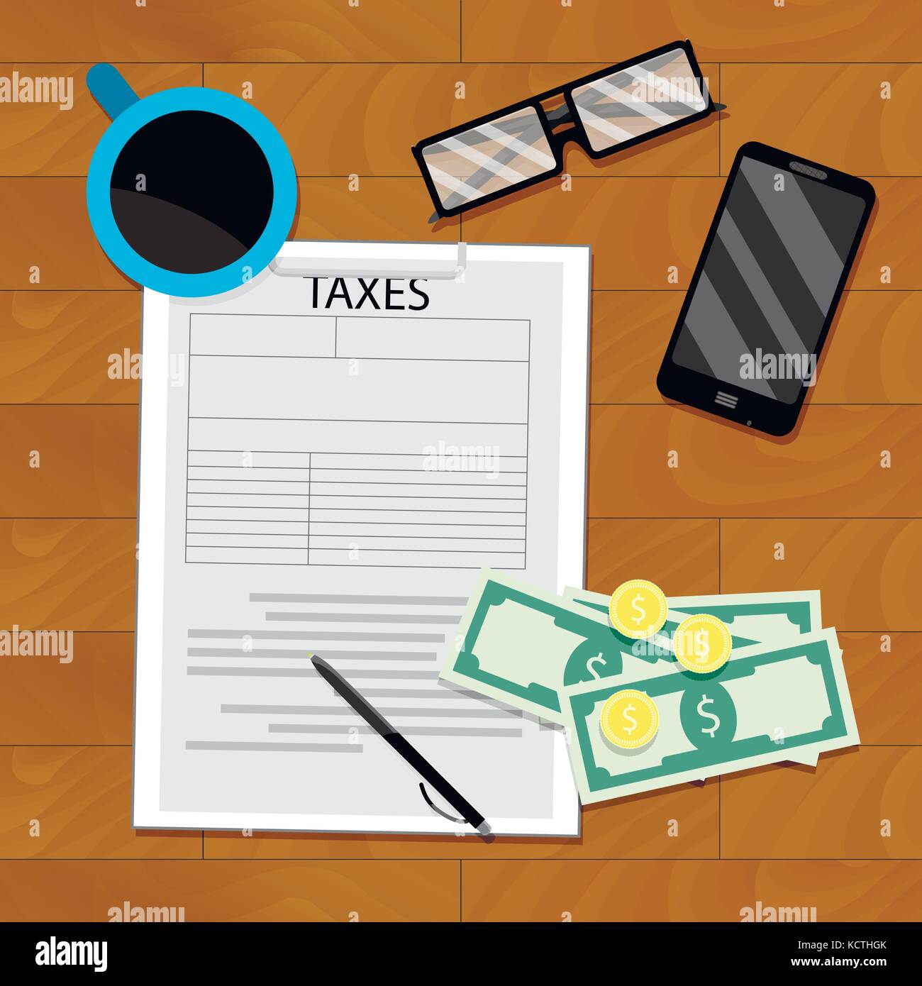 Die Zahlung der Steuer, Draufsicht auf Holztisch. Finanzen Gewinn und Wirtschaftsprüfung Steuerberatung. Vector Illustration Stock Vektor