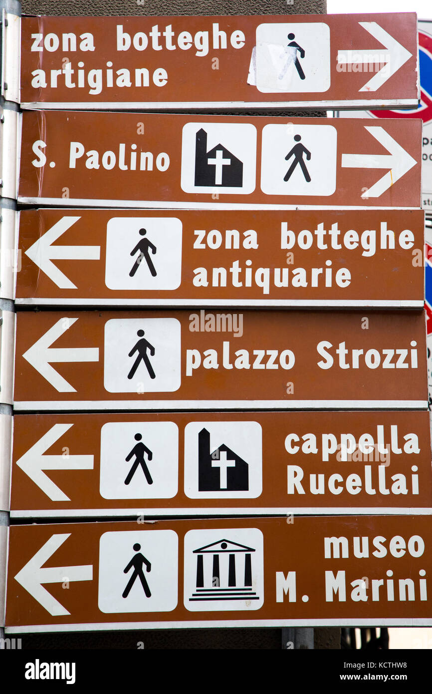 Schild in Florenz, das die Richtung der verschiedenen Sehenswürdigkeiten zeigt. Stockfoto