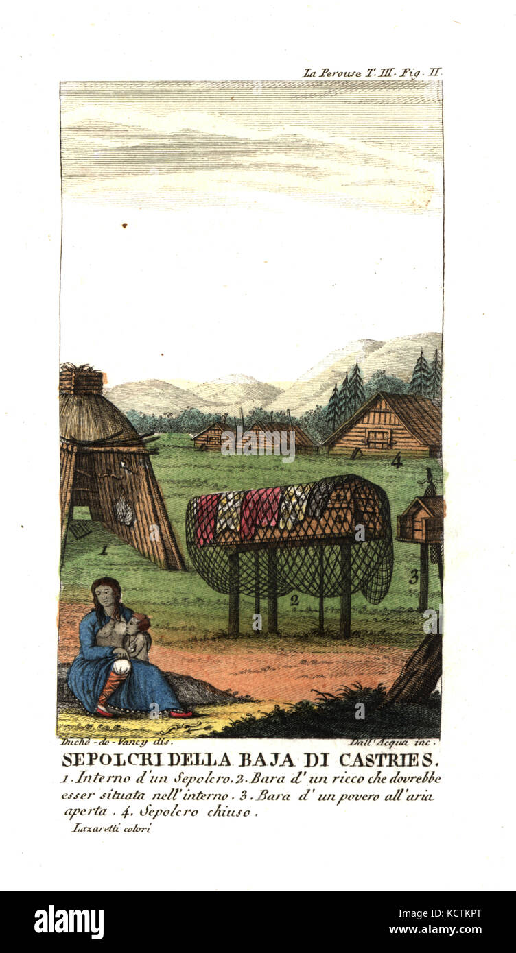 Gräber der Tungusen Eingeborene der Chikhachyova Bay, Khabarovsk, Russland (Castries Bay, Tartary). Grab Innenraum 1, Sarg von einem reichen Mann in das Grab 2 beigesetzt werden, Sarg von einem armen Mann ausgesetzt 3, Grab 4. Illustration von Gaspard Duche de Vancy von Jean Francois des Laperouse Reise. Kupferstich von Dell'Acqua handkoloriert Lazaretti von Giovanni Battista sonzogno's Sammlung der interessantesten Reisen (Raccolta de Viaggi Più Interessanti), Mailand, 1815-1817. Stockfoto