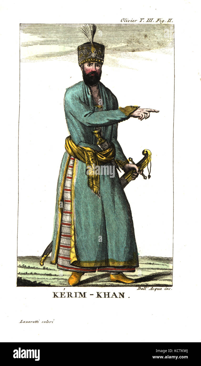 Mohammad Karim Khan Zand oder Karim Han, Gründer der Zand Dynasty, 1705-1779. Abbildung aus Guillaume-Antoine Olivier reist im Osmanischen Reich, Ägypten und Persien, 1801. Kupferstich von Dell'Acqua Papierkörbe durch Lazaretti von Giovanni Battista sonzogno's Sammlung der interessantesten Reisen (Raccolta de Viaggi Piu Interessanti), Mailand, 1815-1817. Stockfoto