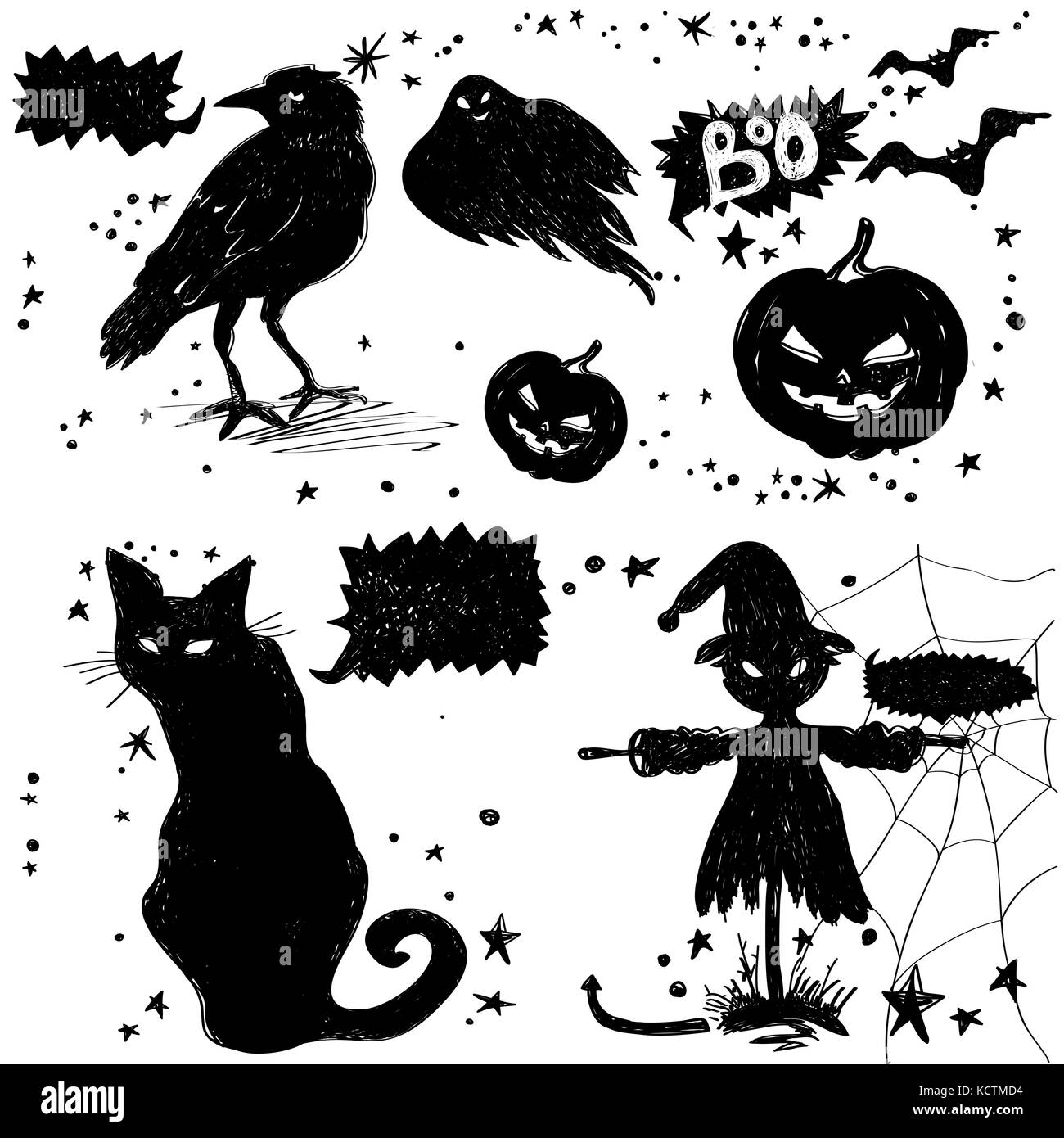 Schwarze Symbole. Gruselige Illustrationen für Grußkarten zu Happy Halloween. Stock Vektor
