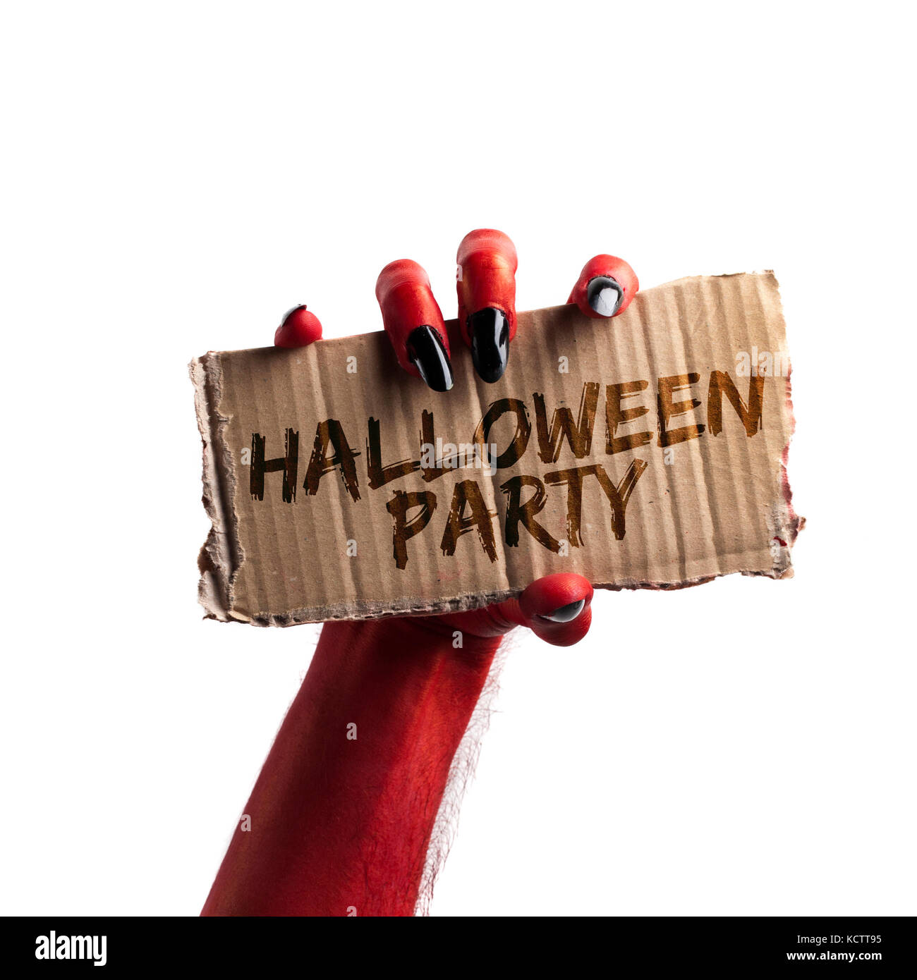 Halloween Party. red devil oder Zombie monster Hand mit einem Halloween anmelden Stockfoto