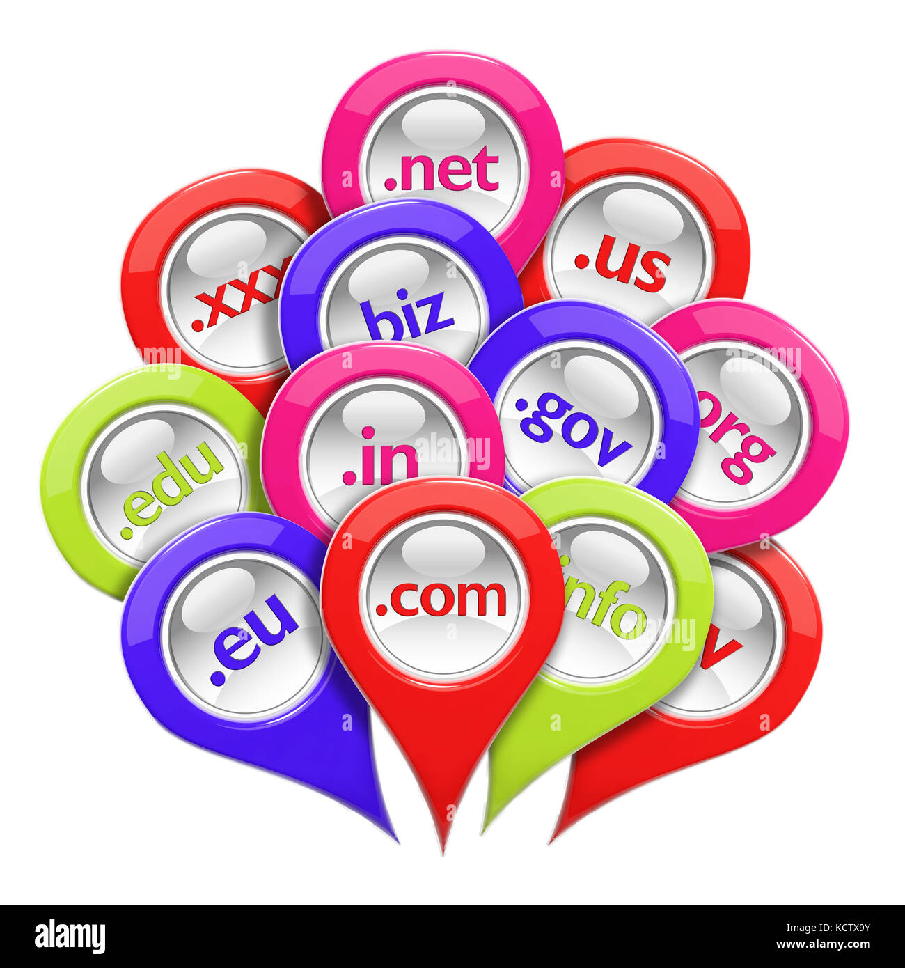 Glänzend 3D-Set von domain Pin - Zeiger isoliert auf weißem Stockfoto