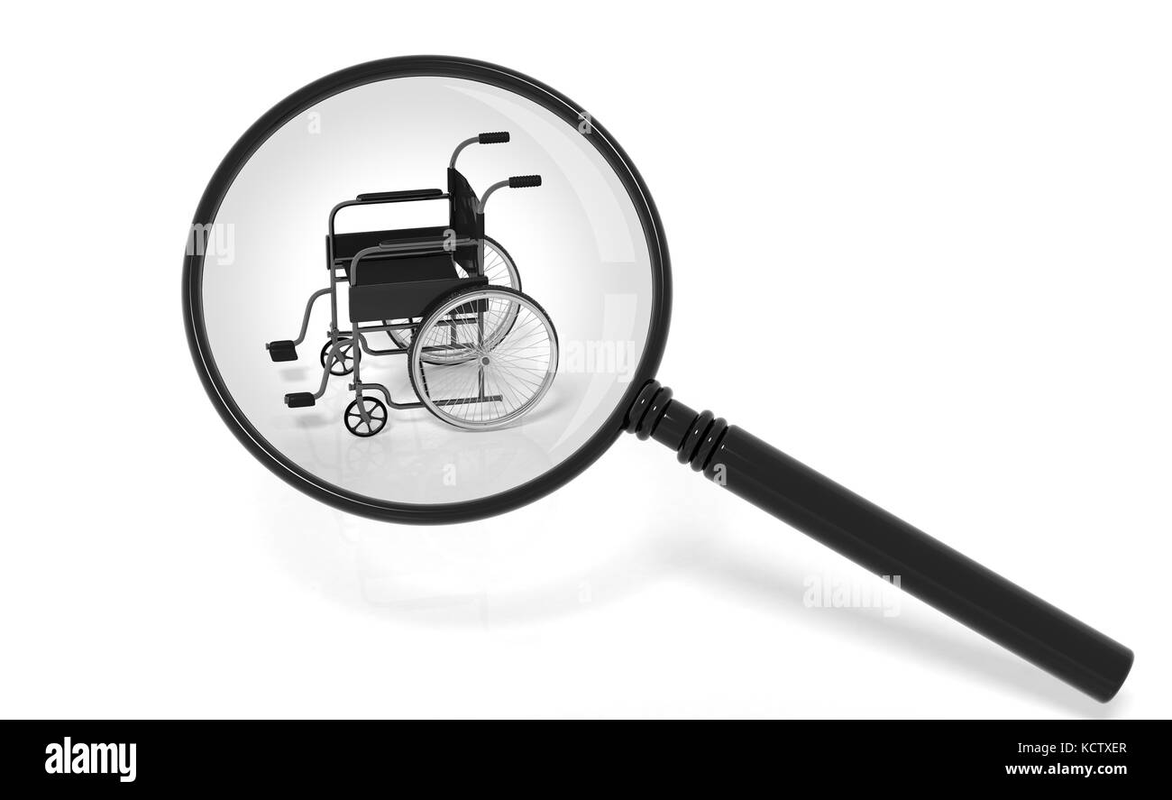 Schwarz Behinderung Rollstuhl unter der Lupe isoliert auf weißem Stockfoto