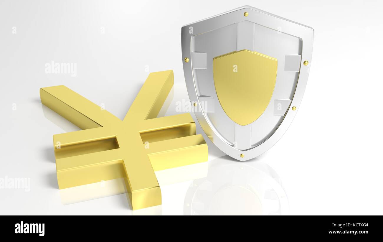 Silver Shield und gold Yen Symbol auf weißem Hintergrund Stockfoto