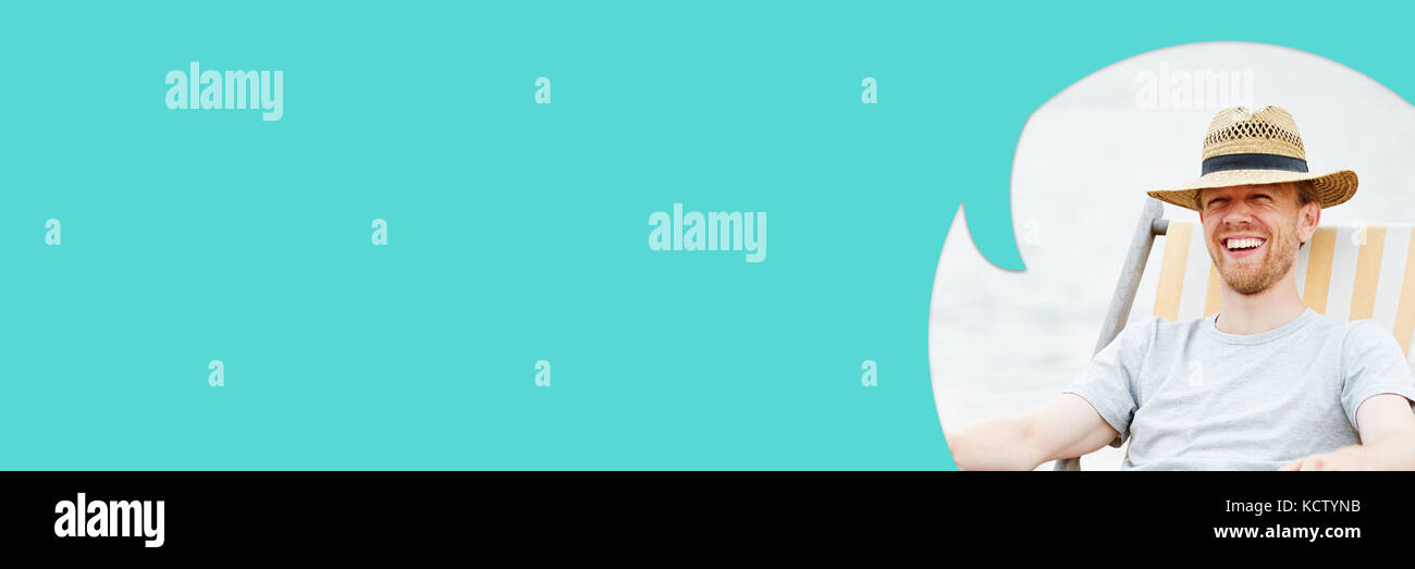 Mann auf Urlaub Freizeit Reise als Sprechblase panorama Hintergrund Stockfoto
