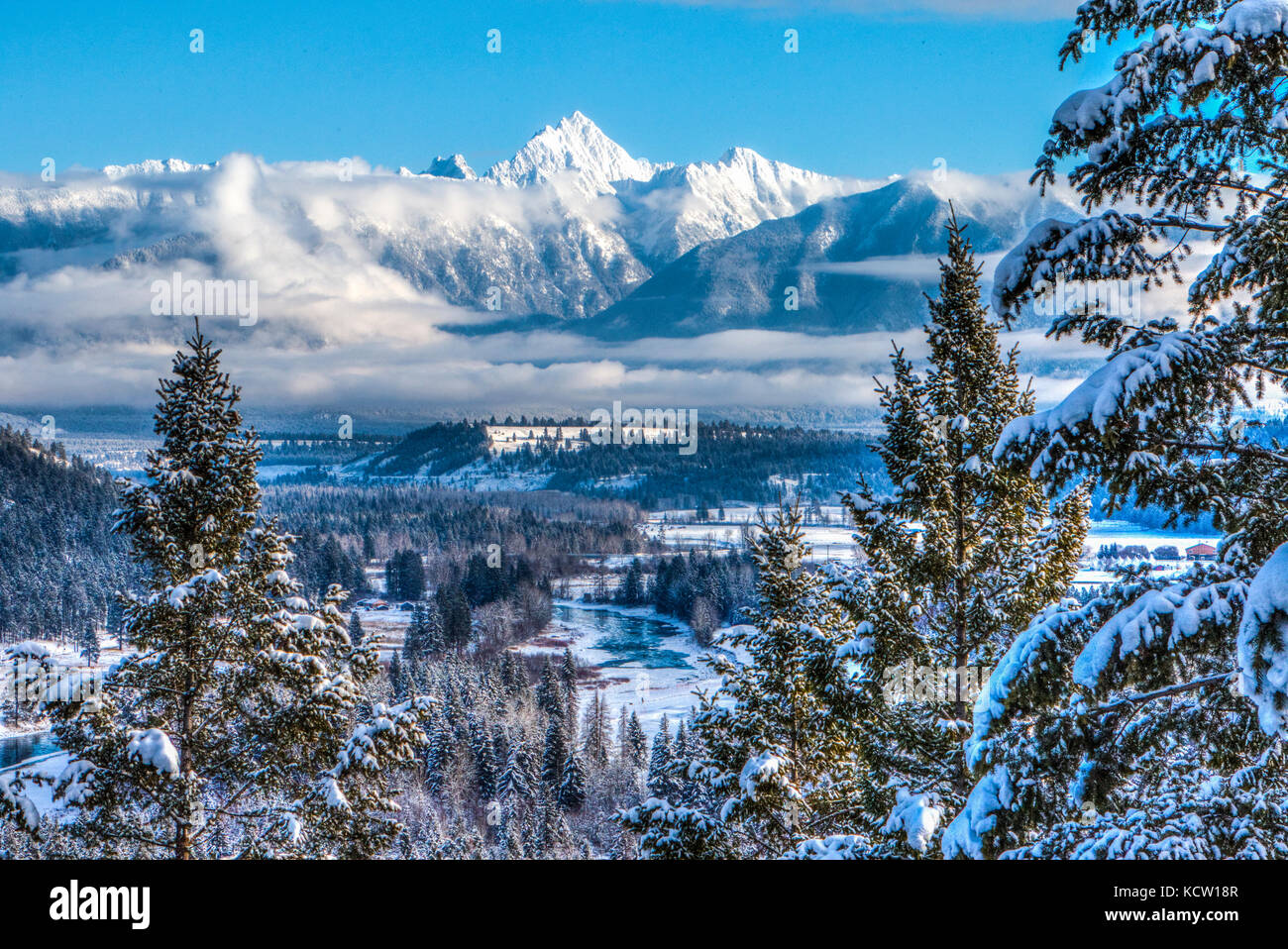 Winter Berg Foto, thru Schnee Evergreens, von Fisher Peak. Cranbrook, BC, Kanada. Stockfoto
