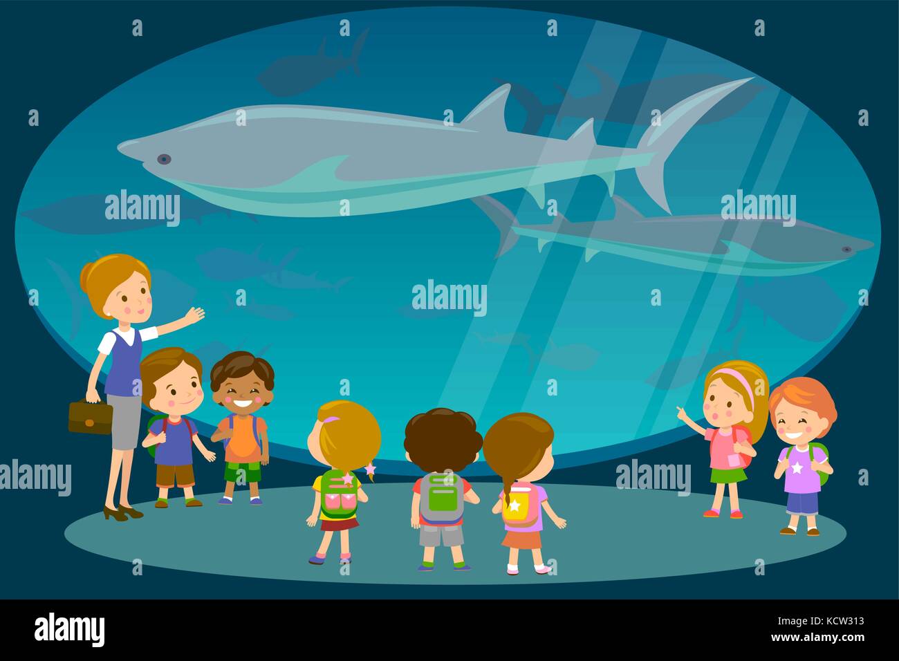 Gruppe von Kindern beobachten Haien am oceanaruim Aquarium Exkursion mit einem Lehrer. die Schule oder in den Kindergarten Studenten eingereicht. Moderne Flat Style Vektor Stock Vektor