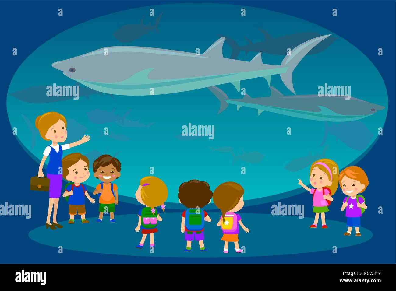 Gruppe von Kindern beobachten Haien am oceanaruim Aquarium Exkursion mit einem Lehrer. die Schule oder in den Kindergarten Studenten eingereicht. Moderne Flat Style Vektor Stock Vektor