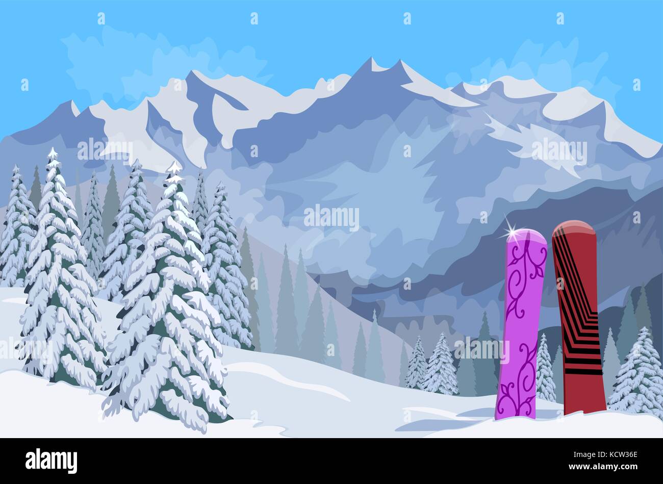 Winter Berglandschaft. Tannen im Schnee Snowboard. Vector Illustration Stock Vektor