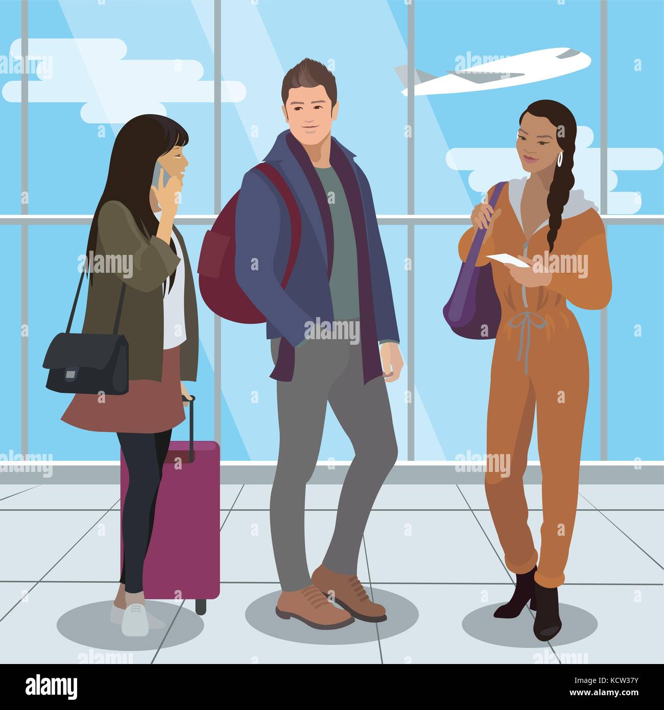 Die Menschen reisen mit dem Flugzeug Flughafen Passagiere. Vector Illustration Stock Vektor