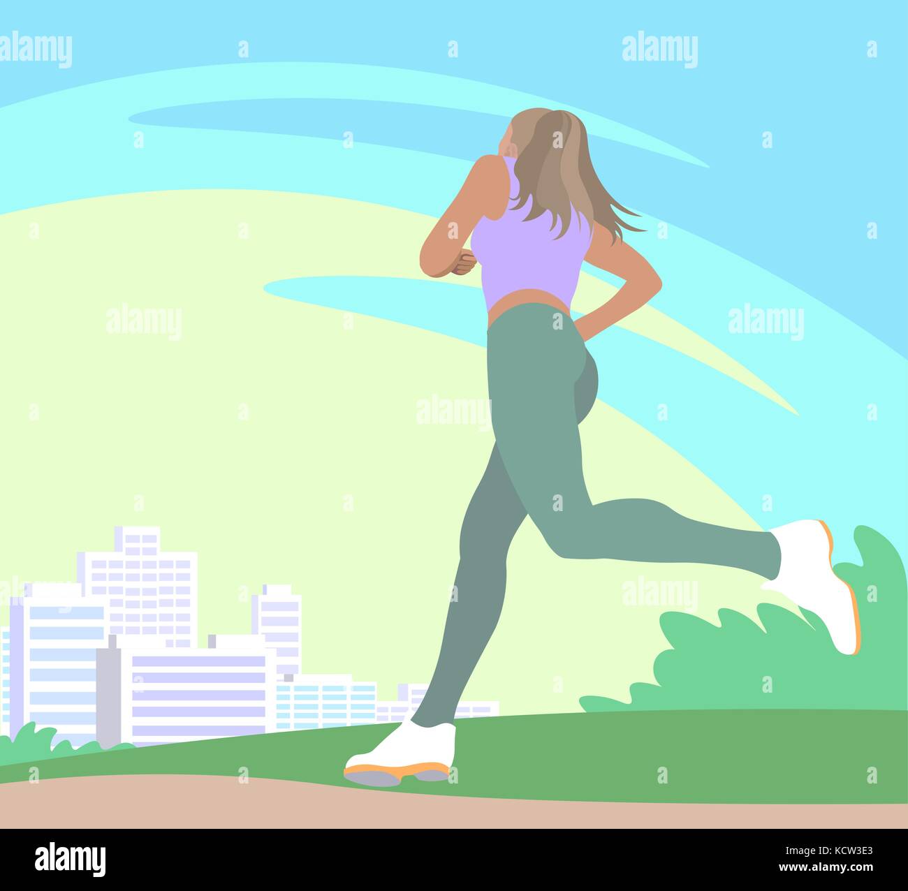 Morgen laufen im Park in der Nähe der Stadt. blauer Himmel. Mädchen rennt draußen. Vector Illustration Stock Vektor