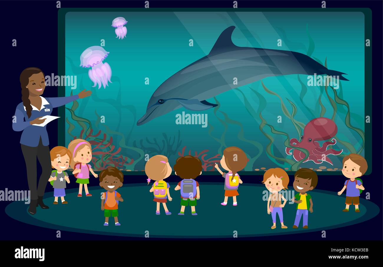 Kinder auf einen Ausflug zum Aquarium. Der Lehrer sagt Studenten über die Unterwasserwelt und Meerestiere Delphin Quallen octopus Coral alg Stock Vektor