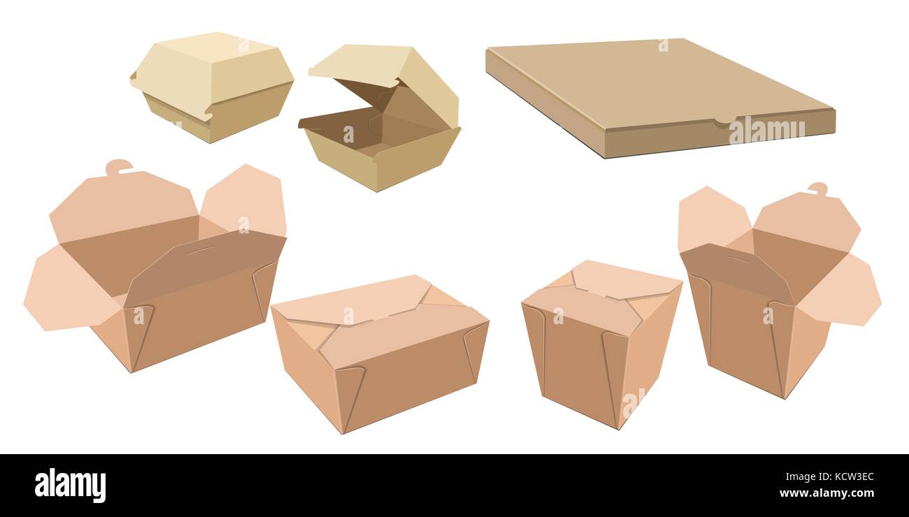 Satz von verschiedenen Kartonagen für fast food. Pizza burger Chinesisch beige Verpackungsmittel aus Papier. Verschiedene Boxen. Vector Illustration Stock Vektor