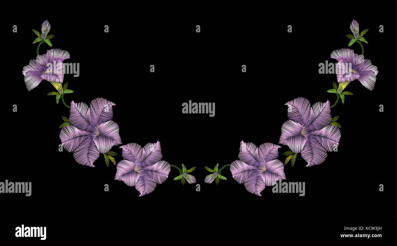 Crewel stickerei Blumen Petunie ausschnitt Dekoration. Vector Illustration. purpur violett Farbe Blume halskette schmuck Vintage Design Stock Vektor