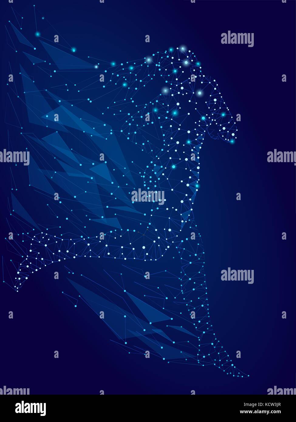 Brillantes Bild von Punkten, Linien und Glanz auf blauem Hintergrund, eine Frau, die aus Sternen. Vector Illustration Stock Vektor