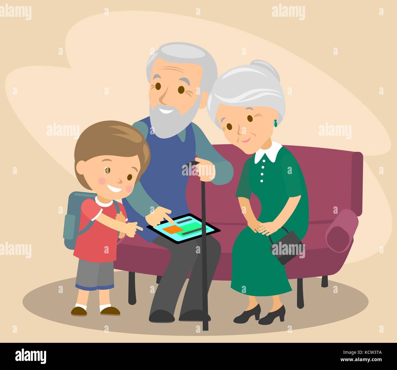 Der Enkel lehrt Großvater und Großmutter die Tablette zu verwenden. Die älteren Personen. Moderne Technologien. Vector Illustration helfen Stock Vektor