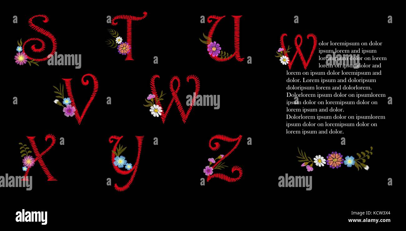 Stickerei vintage Lateinisch Englisch Alphabet. ersten Drop cap dekorative Blumen. Hauptstadt font prunkvollen roten Vektor-illustration Buchstaben bestickt s Stock Vektor