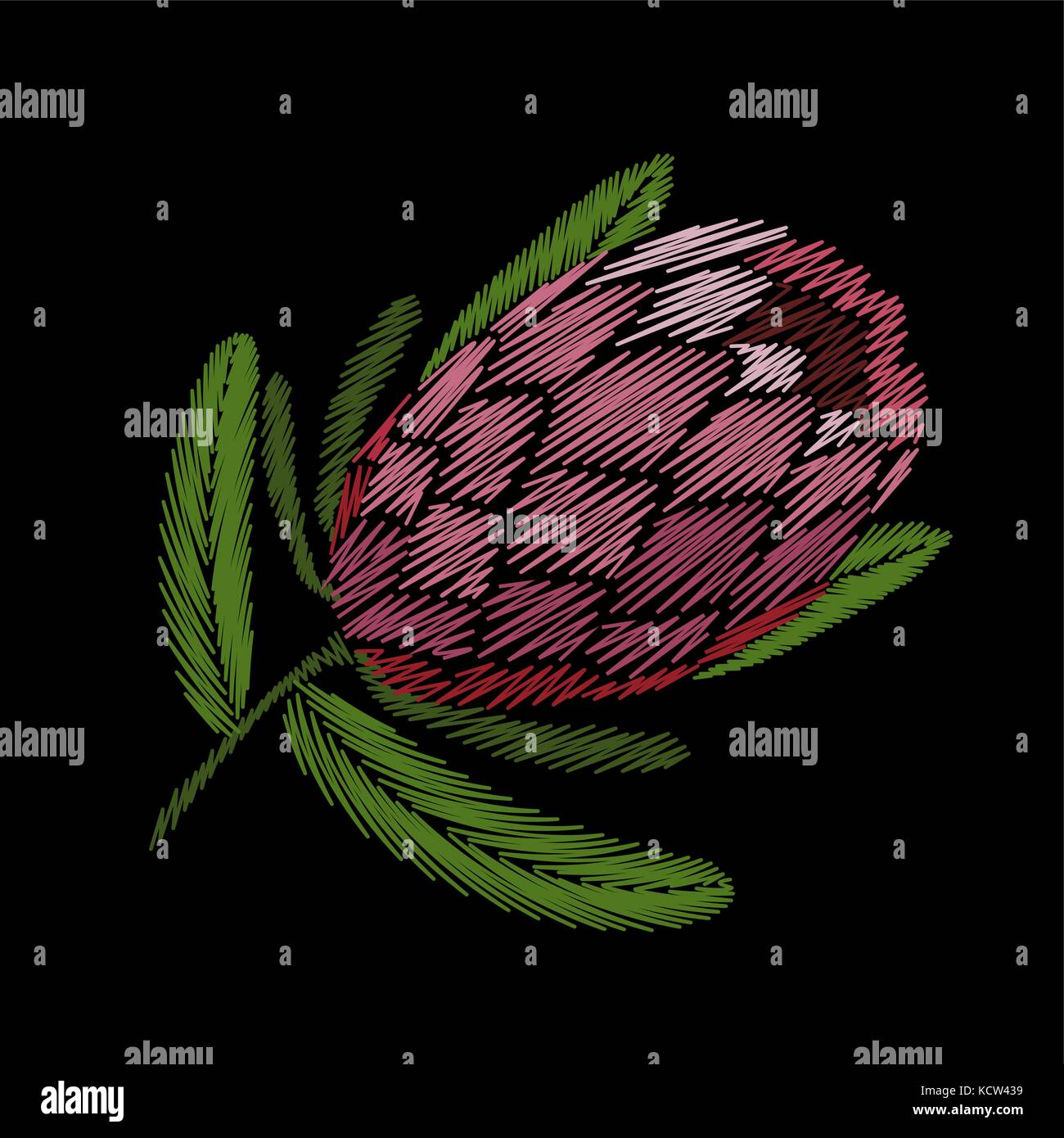 Florale Stickerei patch tropischen Protea blühen. rosa Blume exotische Blätter mode Drucken textile Dekoration stitch detaillierte Vector Illustration Stock Vektor