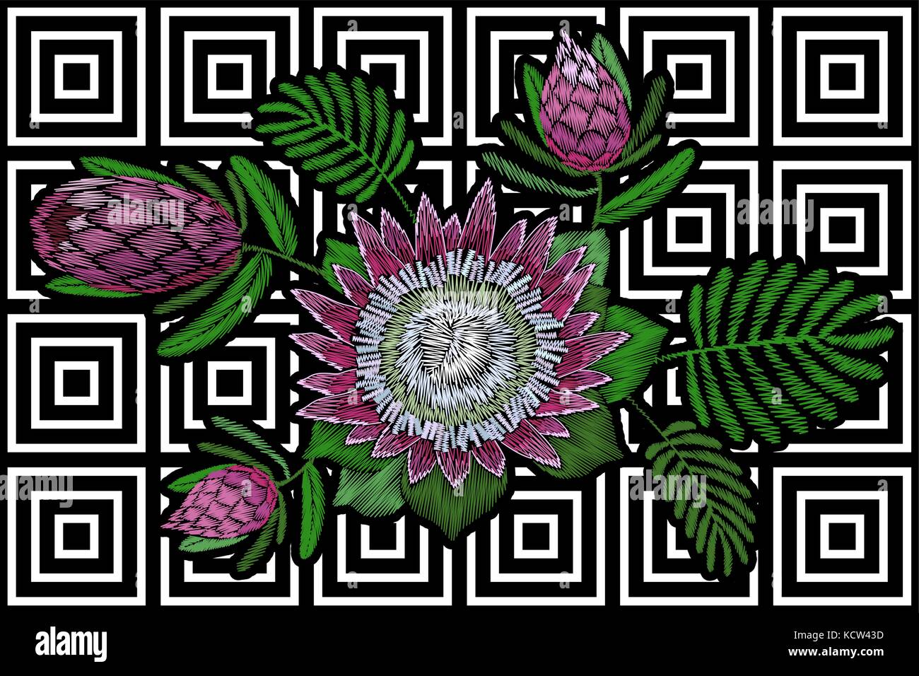 Florale Stickerei patch tropischen Protea blühen. rosa Blume Blätter Mode exotische Drucken textile Dekoration stitch Stripe geometrischer Vektor illustration Stock Vektor