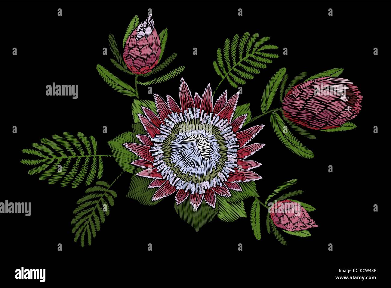 Florale Stickerei patch tropischen Protea blühen. rosa Blume exotische Blätter mode Drucken textile Dekoration stitch detaillierte Vector Illustration Stock Vektor