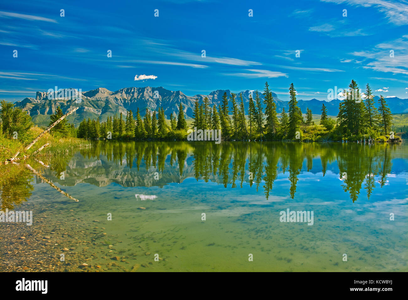 In den Kanadischen Rocky Mountains und Bäume im talbot See spiegeln, Jasper National Park, Alberta, Kanada Stockfoto