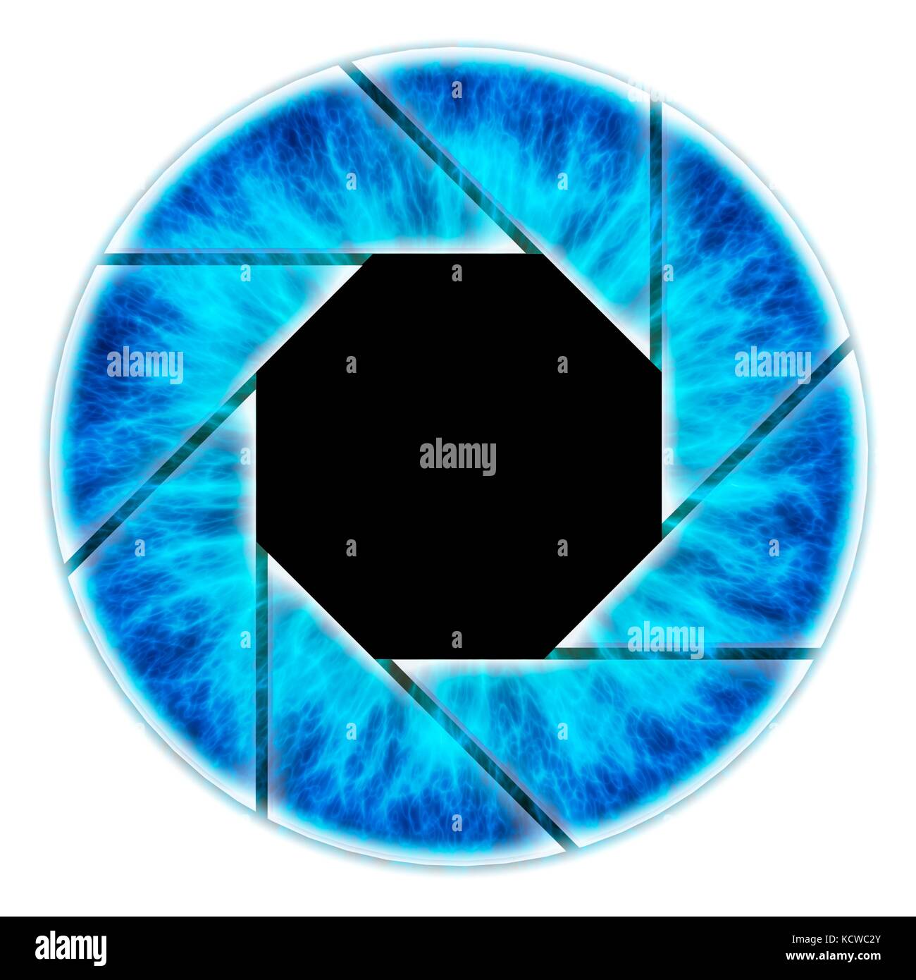 Auge. Computer Kunstwerk eines Close-up der Iris und Pupille des Auges. Die Iris, eine farbige muskulären Ring, reguliert die Menge an Licht, die das Auge tritt durch die Schüler (schwarz). Überlagert wird eine Kamera Membran, das eine Blendenöffnung. Stockfoto