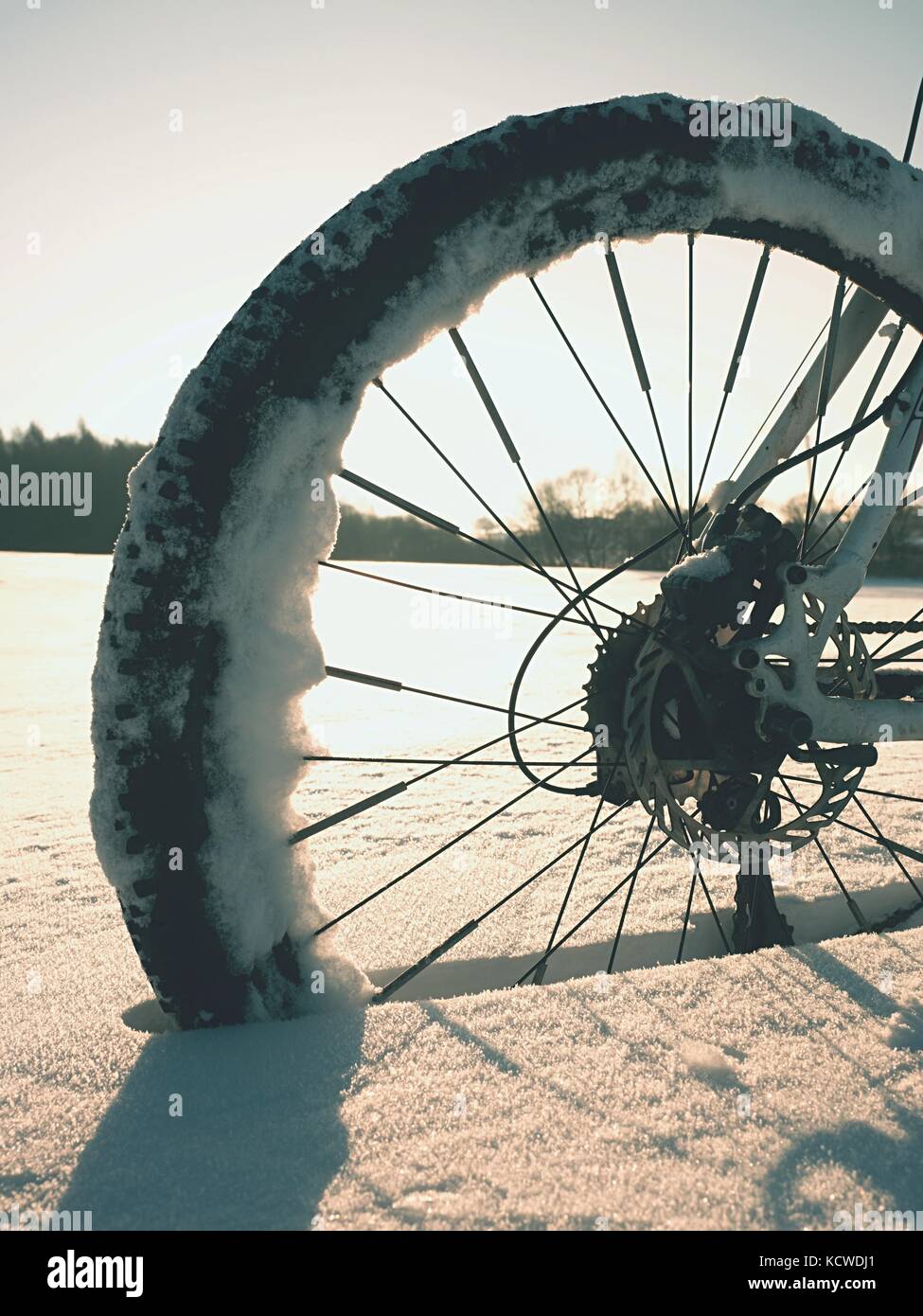 Mountainbike Urlaub im Pulverschnee. verloren weg in tiefe Schneeverwehungen. Hinterrad detail. Schneeflocken schmelzen in dunklen off road Reifen. Winterwetter in den Stockfoto