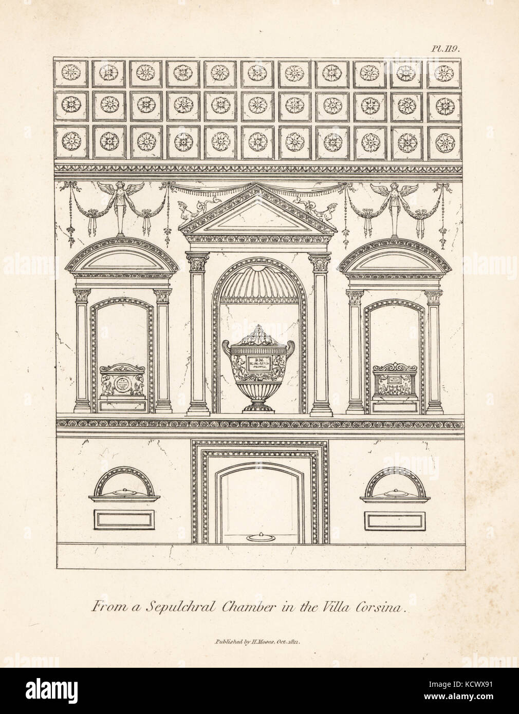 Wand der Begräbnis- Urnen in einem sepulchral Kammer in der Villa Corona. Kupferstich von Henry Mose aus einer Sammlung von antiken Vasen, Altäre, etc., London, 1814. Stockfoto