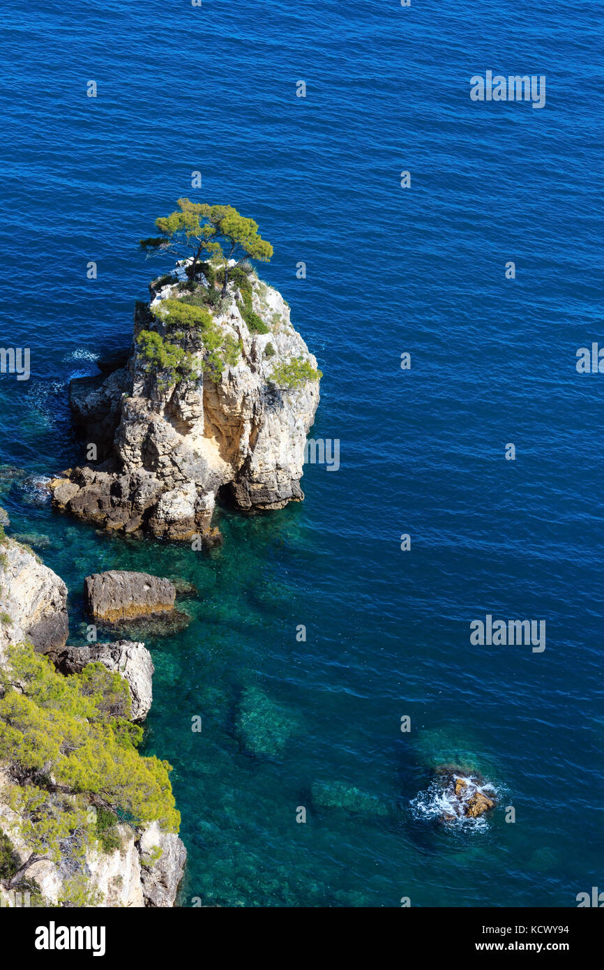 Rocky slet mit Baum im Sommer ruhig schönen Strand Cala di Porto Greco auf der Halbinsel Gargano in Apulien, Italien. Blick vom Torre dell'aglio. Stockfoto