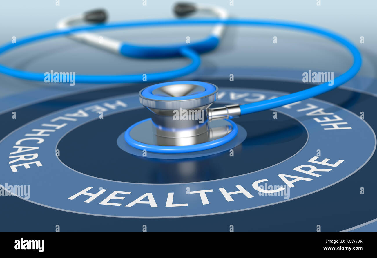 Nahaufnahme der ein Stethoskop mit Text: Gesundheit (3D-Render) Stockfoto