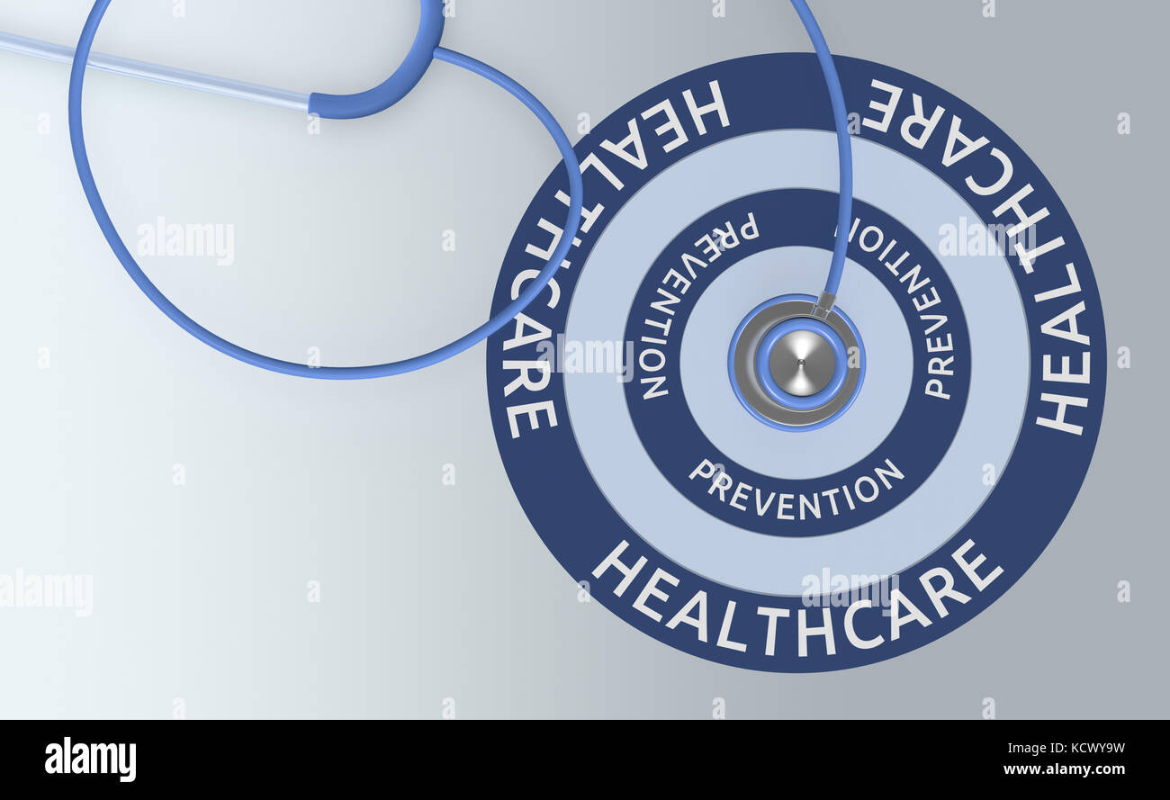 Blick von oben auf ein Stethoskop und ein Ziel mit Text: Gesundheitsversorgung und Prävention (3D-Render) Stockfoto
