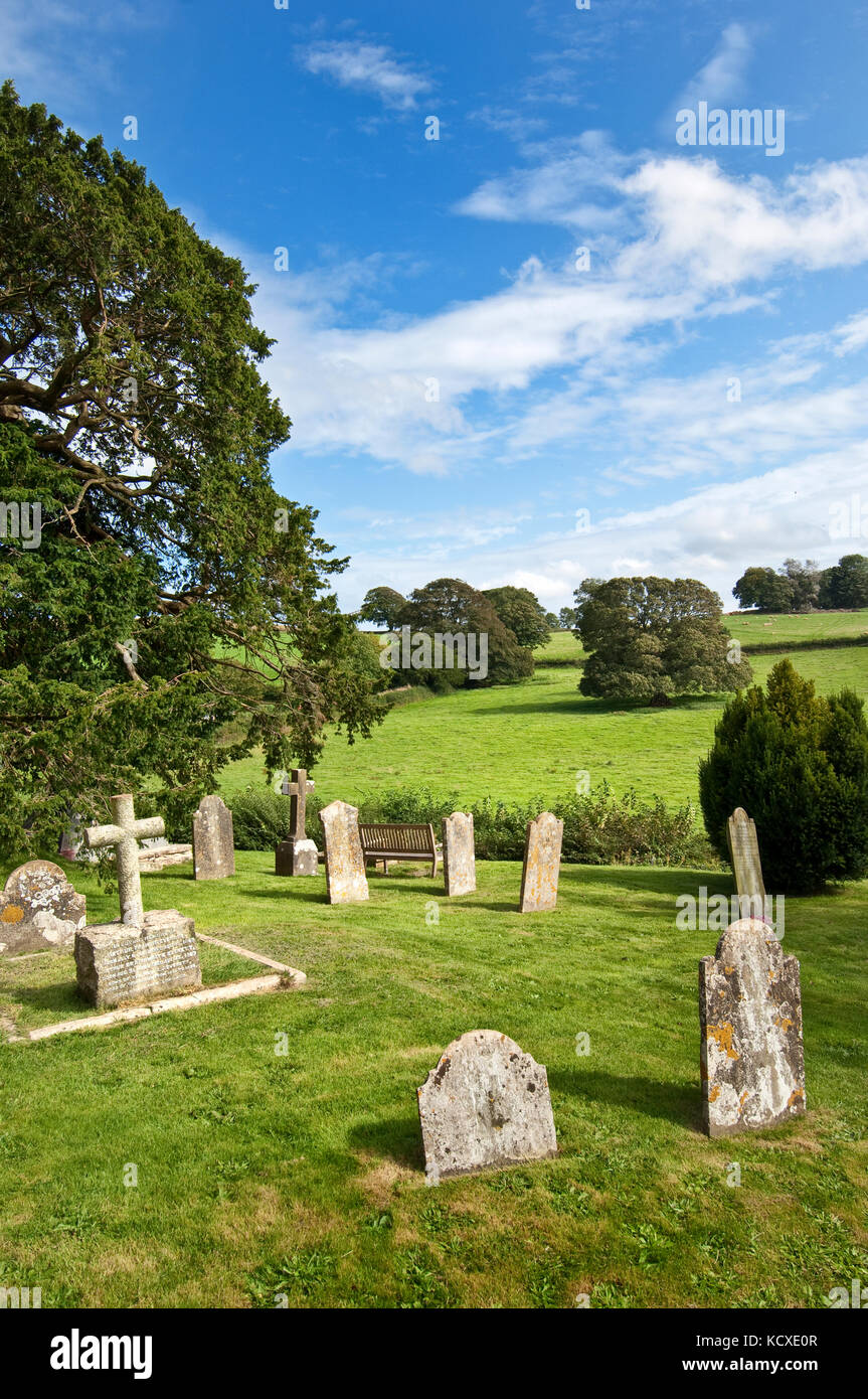 Friedhof in St. Maria, der Jungfrau, Berry Pomeroy, Totnes, Devon, Großbritannien. Sommer. in Hochzeit Szene verwendet, die Ang Lee Sinn und Sinnlichkeit Stockfoto