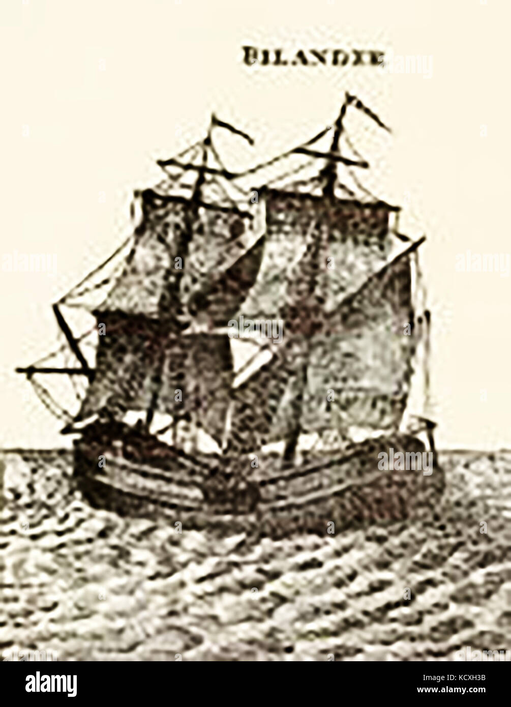 1794 Zeichnung von einem Billander aka bilander oder belandre (eine kleine europäische Handelsschiff mit zwei Masten, anders zu anderen zwei dreimaster Schiffe manipulierten) Stockfoto