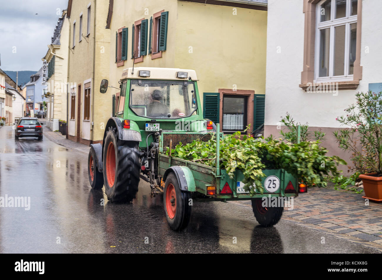 Ein Winzer Fendt Traktor und Anhänger die weinblätter Für eine Straße Wein  festical Neumagen - Dhron, Mosel, Rheinland-Pfalz, Deutschland  Stockfotografie - Alamy