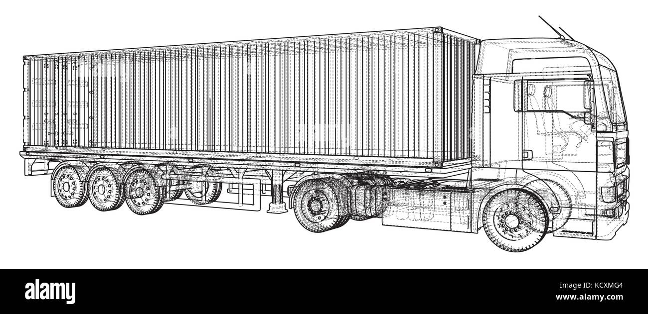 Cargo truck Trailer. wire-frame.eps 10 Format. Vektor Rendering von 3d Stock Vektor