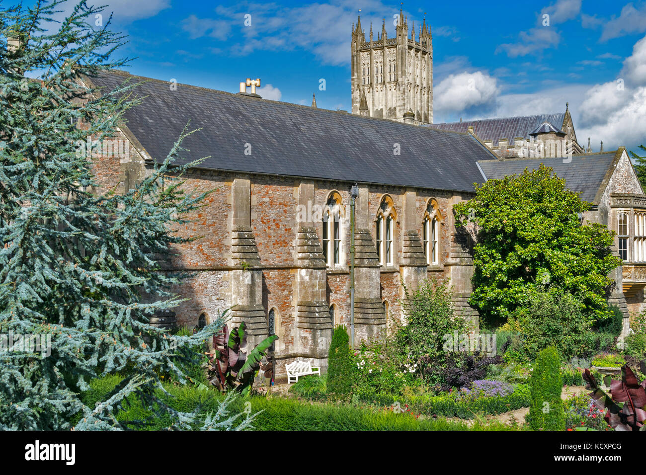 WELLS SOMERSET ENGLAND DIE BISCHÖFE PALAST UND GARTEN MIT Turm der Kathedrale im Hintergrund Stockfoto