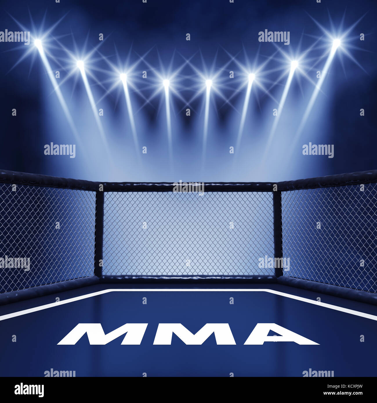 Mma Käfig beleuchtet durch Strahler, Mixed Martial Arts night event Kampf Stockfoto